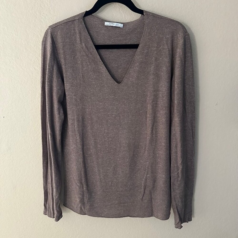 Zara Woman Brown V-Neck Long Sleeves Shirt Medium Cardigan Sweater
